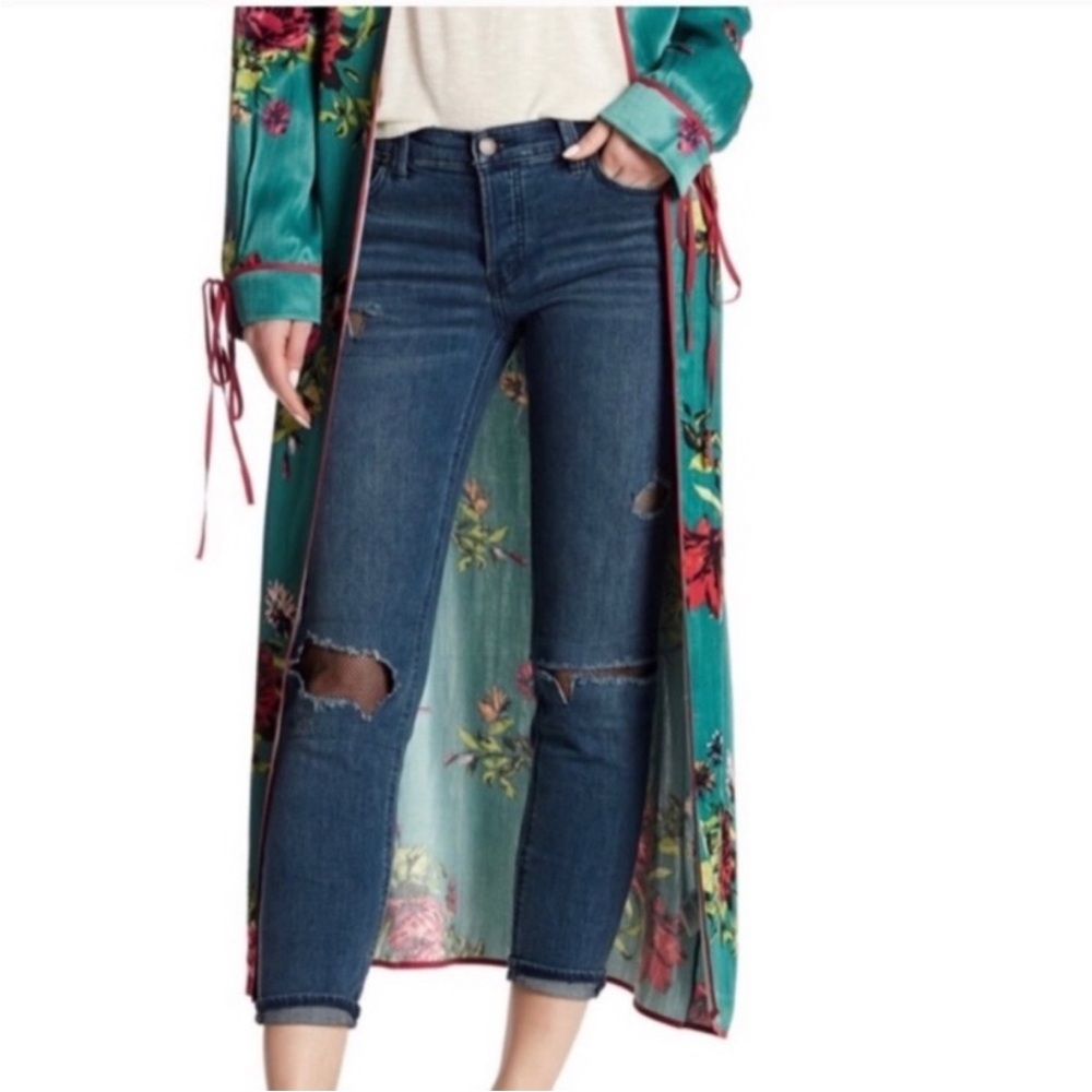 Free People Tupelo Blue Fishnet Distressed Button Fly Jeans